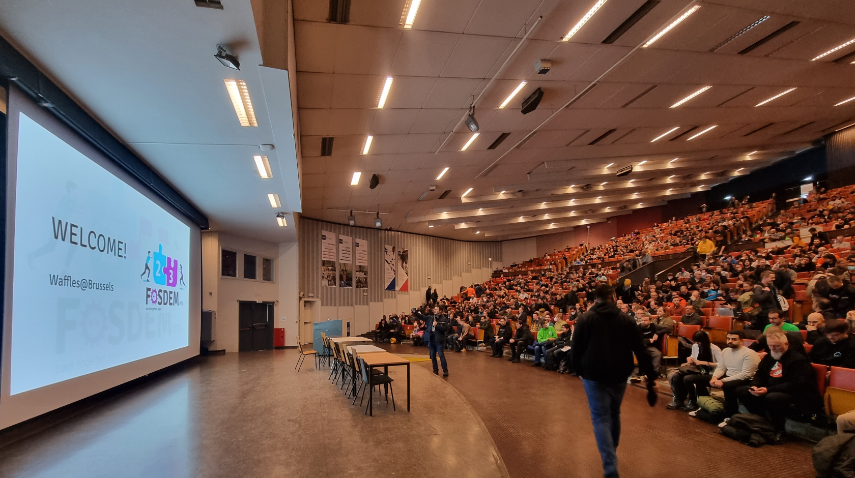 Before the start of the opening keynote. A picture of the stage and the audience in the auditorium