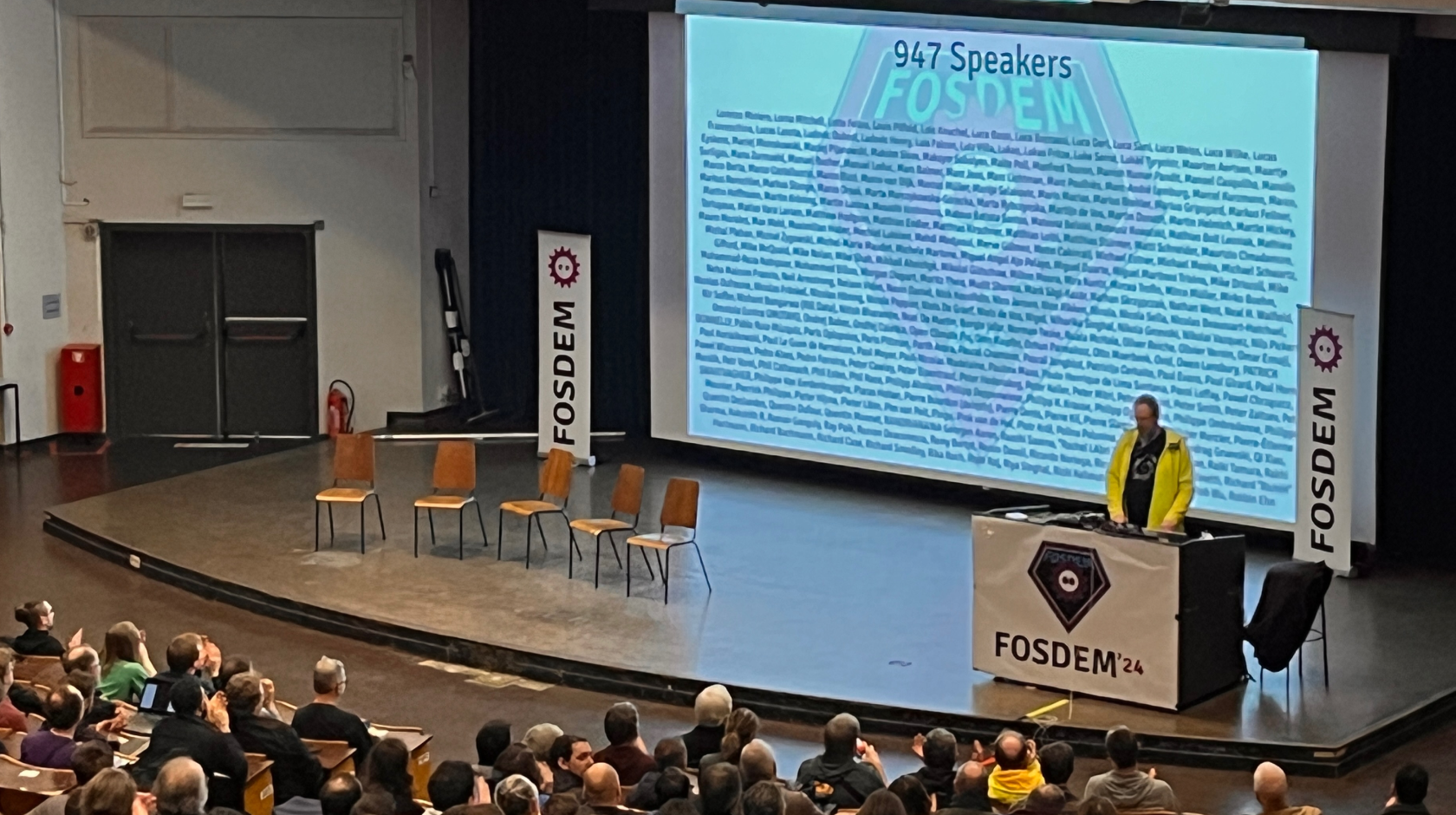 A picture of the main stage at FOSDEM 2024